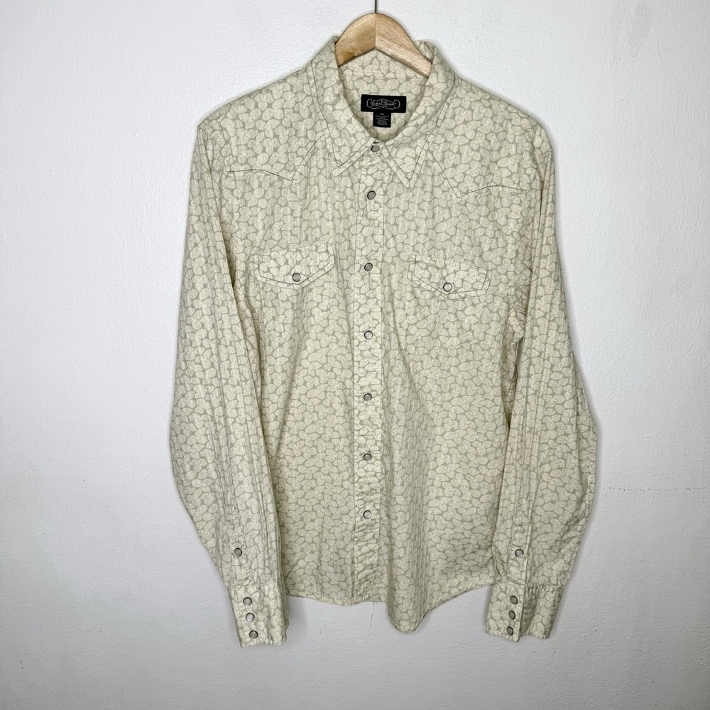 Earl Jean Beige Leaf Print Snap Up Western Cowboy Long Sleeve Shirt Men's XL